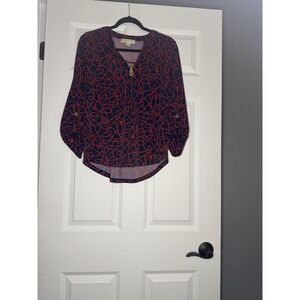 Michael Kors Rope Printed Roll Tab Sleeve Blouse Medium Red Blue